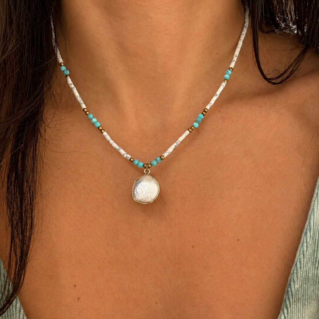 Aphrodite Pearl and Turquoise Necklace