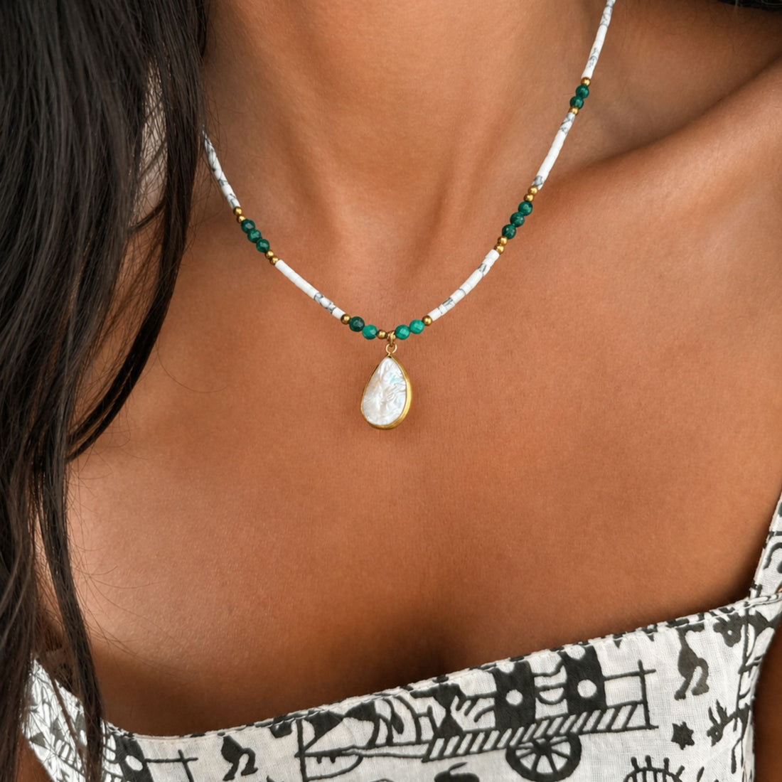 Aphrodite Pearl and Malachite Necklace